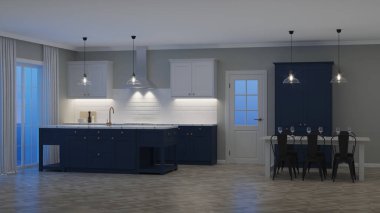 Modern ev iç. İyi geceler. Akşam aydınlatma. 3D render.