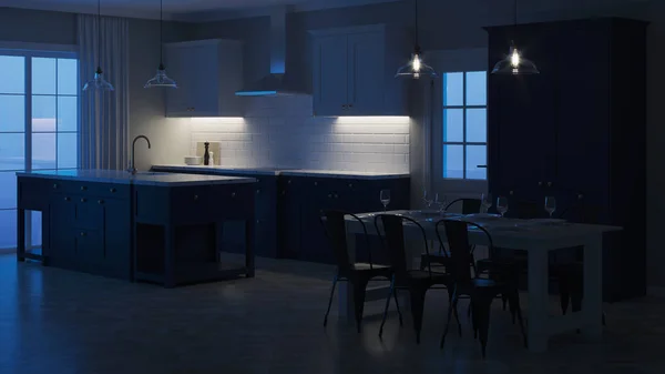 Modern house interior. Night. Evening lighting. 3D rendering.