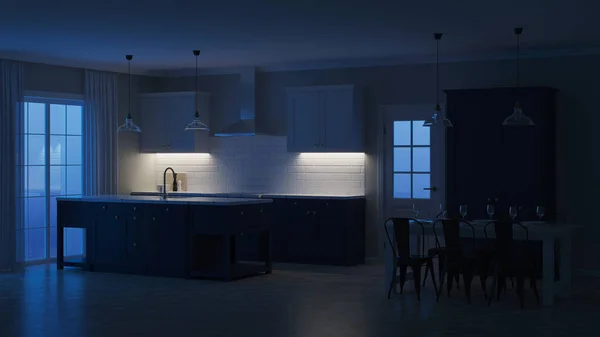 Interni Casa Moderna Buonanotte Illuminazione Serale Rendering — Foto Stock