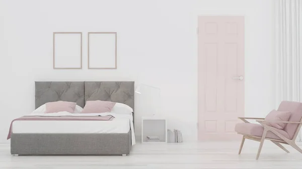 Modern Beyaz Yatak Odası Işleme — Stok fotoğraf