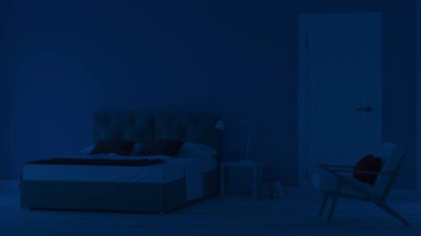 Modern ev iç. Mavi tonla yatak odası. Gece. Akşam Aydınlatması. 3d render.