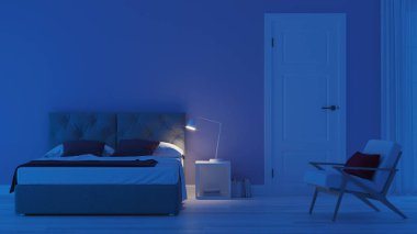 Modern ev iç. Mavi tonla yatak odası. Gece. Akşam Aydınlatması. 3d render.