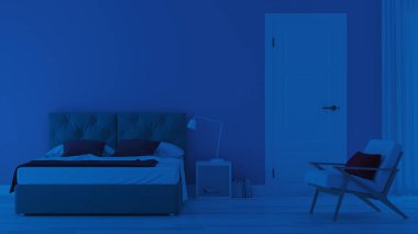 Modern ev iç. Mavi tonla yatak odası. Gece. Akşam Aydınlatması. 3d render.