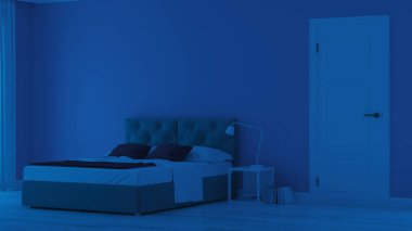 Modern ev iç. Mavi tonla yatak odası. Gece. Akşam Aydınlatması. 3d render.