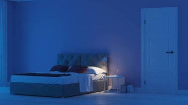 Modern ev iç. Mavi tonla yatak odası. Gece. Akşam Aydınlatması. 3d render.