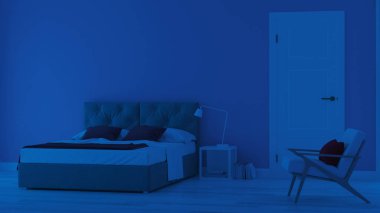 Modern ev iç. Mavi tonla yatak odası. Gece. Akşam Aydınlatması. 3d render.