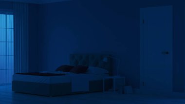 Modern ev iç. Mavi tonla yatak odası. Gece. Akşam Aydınlatması. 3d render.