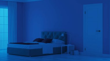 Modern ev iç. Mavi tonla yatak odası. Gece. Akşam Aydınlatması. 3d render.