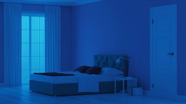 Modern ev iç. Mavi tonla yatak odası. Gece. Akşam Aydınlatması. 3d render.