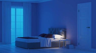Modern ev iç. Mavi tonla yatak odası. Gece. Akşam Aydınlatması. 3d render.