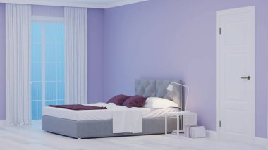 Modern ev iç. Mavi tonla yatak odası. Gece. Akşam Aydınlatması. 3d render.