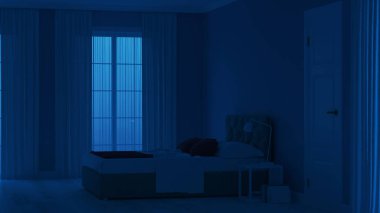Modern ev iç. Mavi tonla yatak odası. Gece. Akşam Aydınlatması. 3d render.