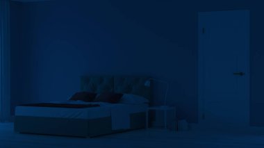 Modern ev iç. Mavi tonla yatak odası. Gece. Akşam Aydınlatması. 3d render.