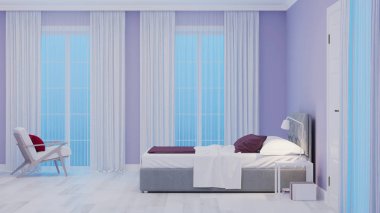 Modern ev iç. Mavi tonla yatak odası. Gece. Akşam Aydınlatması. 3d render.