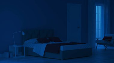 Modern ev iç. Mavi tonla yatak odası. Gece. Akşam Aydınlatması. 3d render.