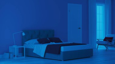 Modern ev iç. Mavi tonla yatak odası. Gece. Akşam Aydınlatması. 3d render.