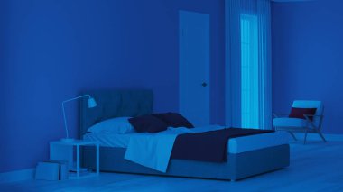 Modern ev iç. Mavi tonla yatak odası. Gece. Akşam Aydınlatması. 3d render.