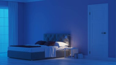 Modern ev iç. Mavi tonla yatak odası. Gece. Akşam Aydınlatması. 3d render.