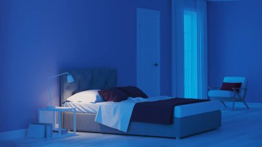 Modern ev iç. Mavi tonla yatak odası. Gece. Akşam Aydınlatması. 3d render.