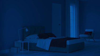 Modern ev iç. Mavi tonla yatak odası. Gece. Akşam Aydınlatması. 3d render.