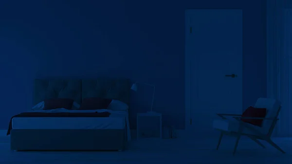 Interni Casa Moderna Camera Letto Tonnellate Blu Buonanotte Illuminazione Serale — Foto Stock