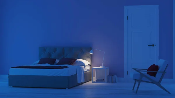 Modern House Interior Bedroom Blue Tonnes Night Evening Lighting Rendering — Stock Photo, Image