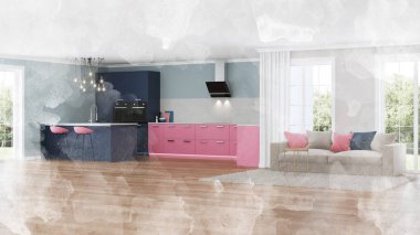 Modern ev iç. Pembe mutfak. Suluboya. 3d render.