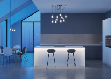 Modern ev iç. İyi geceler. Akşam aydınlatma. 3D render.