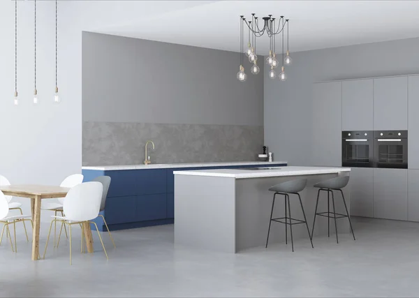 Interior Casa Moderna Interior Gris Con Cocina Azul Renderizado — Foto de Stock