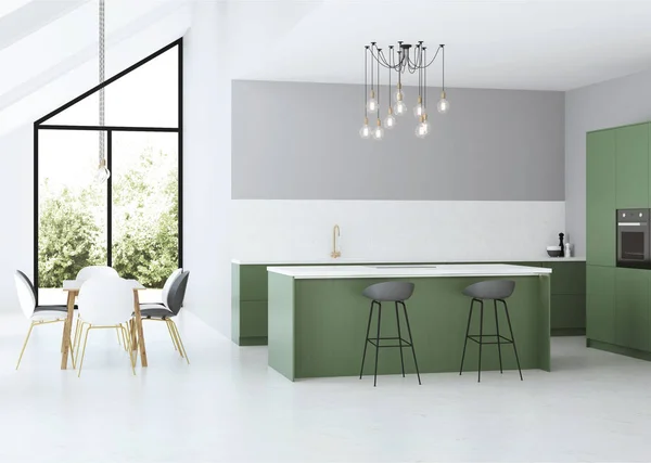 Modern Huis Interieur Grijs Interieur Met Groene Keuken Rendering — Stockfoto