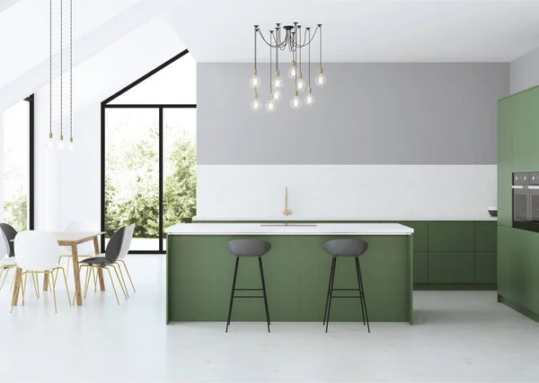 Modern Huis Interieur Grijs Interieur Met Groene Keuken Rendering — Stockfoto