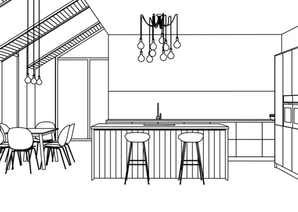 Moderne Hauseinrichtung Lineare Skizze Des Innenraums Darstellung — Stockvektor