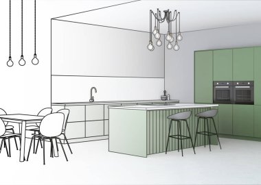Evin modern iç. Tasarım projesi. Kroki. 3D render.