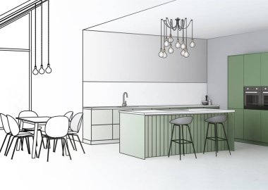 Evin modern iç. Tasarım projesi. Kroki. 3D render.