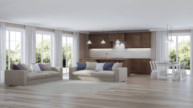 Ahşap mutfak ile modern ev iç. 3d render.