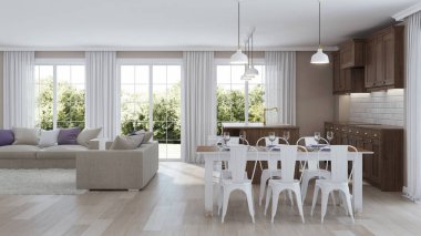 Ahşap mutfak ile modern ev iç. 3d render.