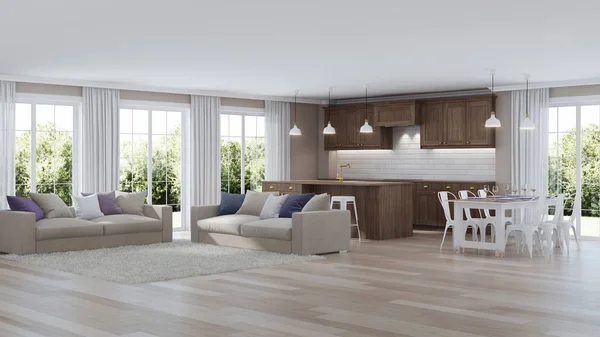 Modern home interior with wooden kitchen. 3D rendering.