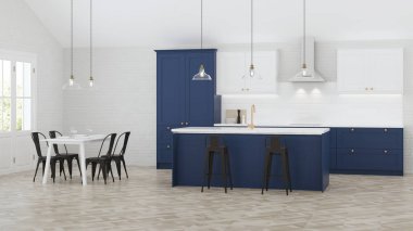 Özel bir evde mutfak iç. Mavi mutfak. 3d render.