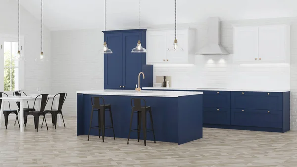 The interior of the kitchen in a private house. Blue kitchen. 3D rendering.