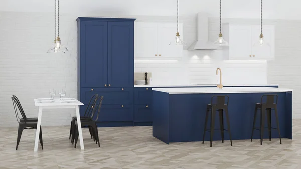 The interior of the kitchen in a private house. Blue kitchen. 3D rendering.