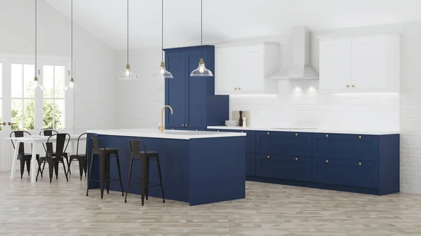 Interior Cozinha Uma Casa Particular Cozinha Azul Renderização — Fotografia de Stock