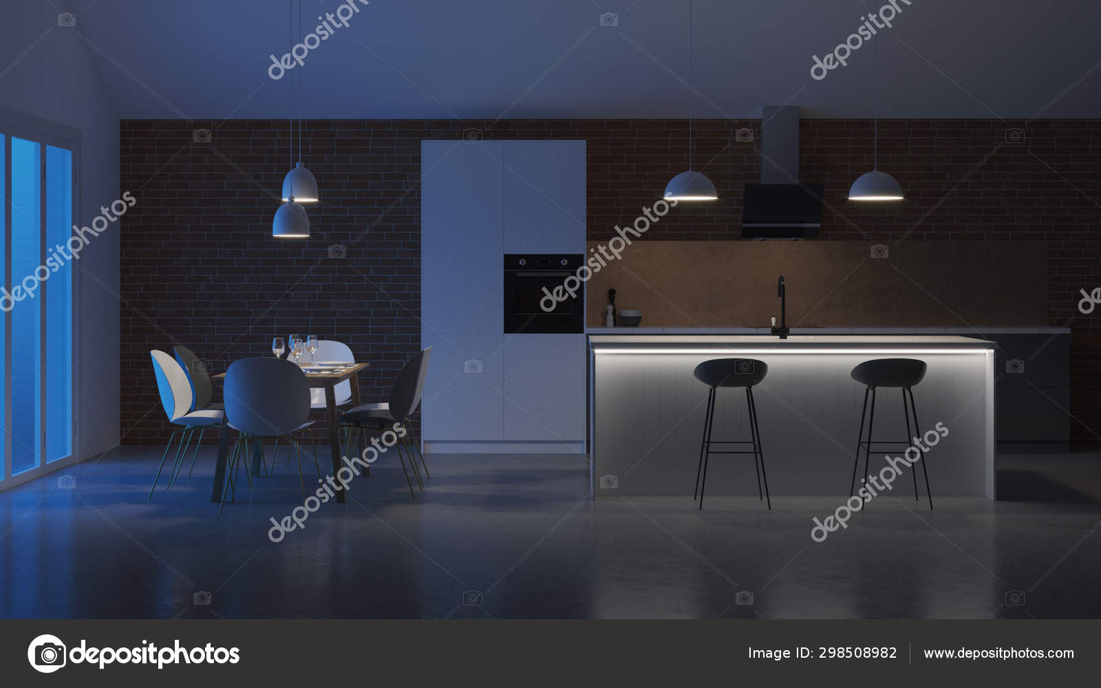 Interior Kitchen Private House White Gray Scandinavian Style Kitchen Night Stock Photo Image By C Artemp1 298508982