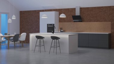 Özel bir evde mutfak iç. Beyaz - gri İskandinav tarzı mutfak. Gece. Akşam Aydınlatması. 3d render.
