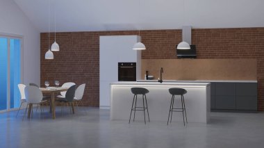 Özel bir evde mutfak iç. Beyaz - gri İskandinav tarzı mutfak. Gece. Akşam Aydınlatması. 3d render.