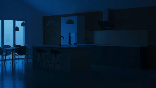 私人住宅厨房的内部 灰色斯堪的纳维亚风格的厨房 晚间照明 — 图库照片