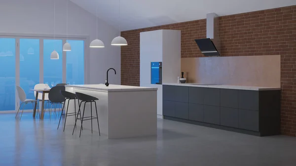 Özel Bir Evde Mutfak Beyaz Gri Skandinav Tarzı Mutfak Gece — Stok fotoğraf
