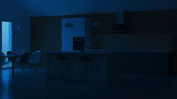 民家のキッチンのインテリア ホワイト グレーのスカンジナビアスタイルのキッチン 夕方の照明 レンダリング — ストック写真