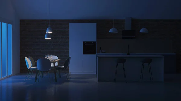 民家のキッチンのインテリア ホワイト グレーのスカンジナビアスタイルのキッチン 夕方の照明 レンダリング — ストック写真