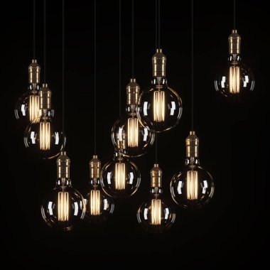 Siyah arka planda Edison tarzında dekoratif klasik ampuller. 3B görüntüleme.
