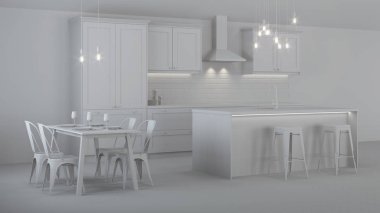 Özel bir evde mutfak iç. Gri iç. 3d render.